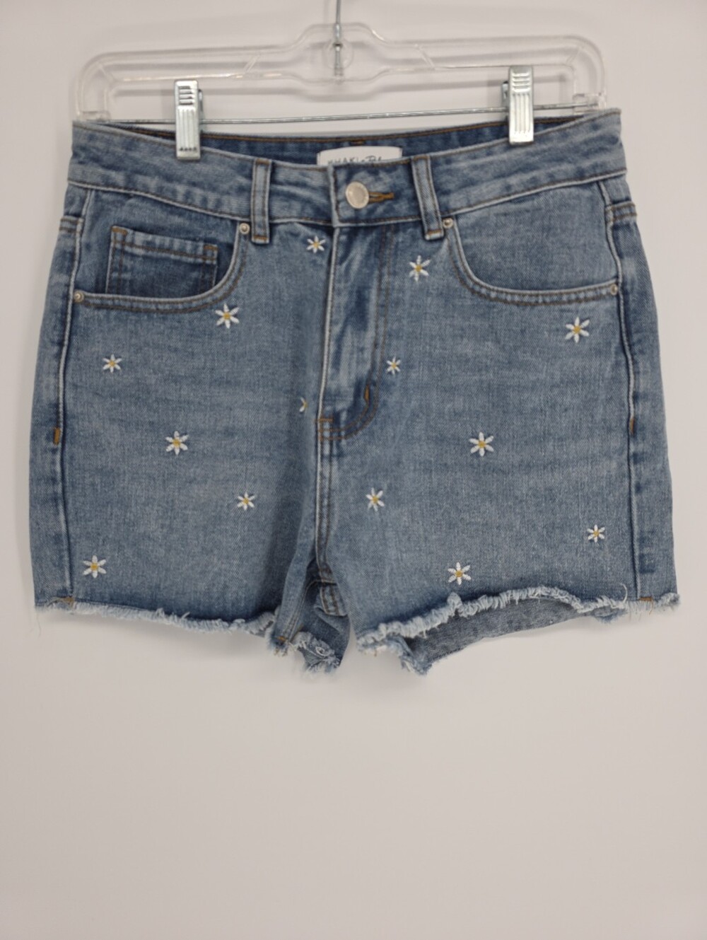 Khaki + Blue Daisy Embroidered Denim Shorts Size 7. Frayed